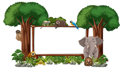 Poster - Empty banner with wild animals and rainforest trees on white background