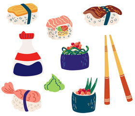 Set of sushi and rolls. Gunkan and inari sushi with shrimp, salmon or eel nagiri. Soy sauce in a bottle, wooden sticks. Japanese cuisine cooking. Restaurant food. Vector flat illustration.