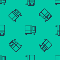 Sticker - Blue line Bed icon isolated seamless pattern on green background. Vector