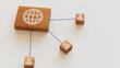 © RocknRoller Studios - Internet Technology Concept with web Symbol on a Wooden Block. User Network Connections are Represented with Blue string. White background. 3D Render.