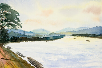 watercolor landscape painting colorful of mekong river