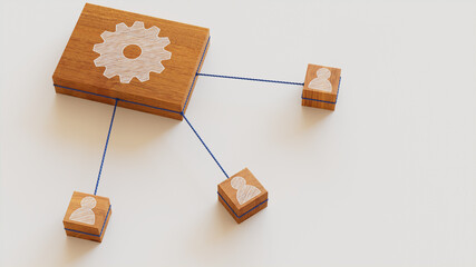 Configure Technology Concept with cog Symbol on a Wooden Block. User Network Connections are Represented with Blue string. White background. 3D Render.