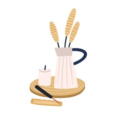 Wall Mural - Vase with reeds, candle and aroma stick for hygge home decoration. Dry plants in jug on wood board for cozy interior design in Scandinavian style. Flat vector illustration isolated on white background