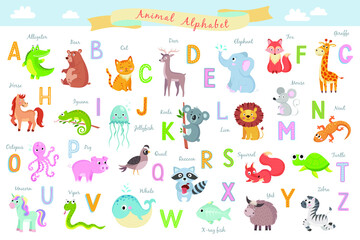  cute english animal alphabet on white background vector illustration