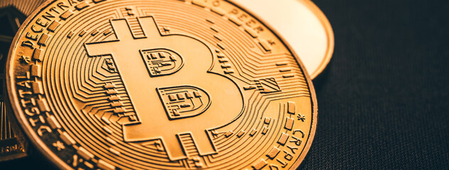 Bitcoin close-up, cryptocurrency metal coin banner