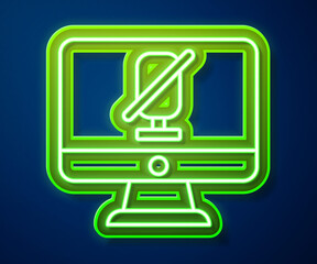 Sticker - Glowing neon line Mute microphone on computer icon isolated on blue background. Microphone audio muted. Vector