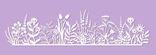 Decorative Panel With Beautiful Flowers. Summer Meadow With Grass, Leaves, Buds, Berries, Herbs. Template For Plotter Laser Cutting Of Paper, Metal, Plywood, Wood Carving, Cnc. Vector Illustration.