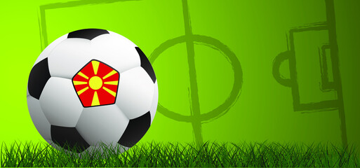 Wall Mural - Football with the flag of North Macedonia on green soccer grass field. Vector background. Sport finale or school, sports game cup. Summer, street ball games. 2020, 2021, 2022 ek, wk banner