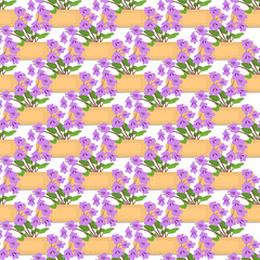 Seamless pattern with sticking plasters and purple flowers. Medical patch repeat texture. On white background. Stock vector illustration.