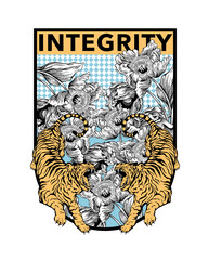 tigers and flowers illustration in a shield with a slogan print design