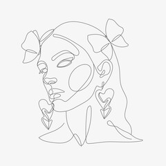 Wall Mural - Woman head with butterfly composition. Hand-drawn vector line-art illustration. One Line style drawing.