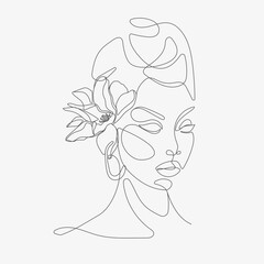 Wall Mural - Woman head with flowers composition. Hand-drawn vector line-art illustration. One Line style drawing.