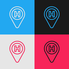 Poster - Pop art line Helicopter landing pad icon isolated on color background. Helipad, area, platform, H letter. Vector