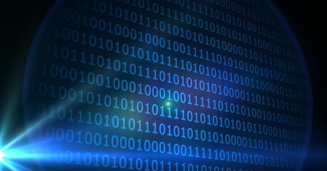 digitally generated image of binary coding data processing against spot of light on blue background