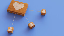 Love Technology Concept With Heart Symbol On A Wooden Block. User Network Connections Are Represented With White String. Blue Background. 3D Render.