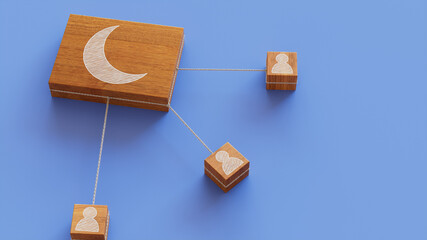 Night mode Technology Concept with moon Symbol on a Wooden Block. User Network Connections are Represented with White string. Blue background. 3D Render.