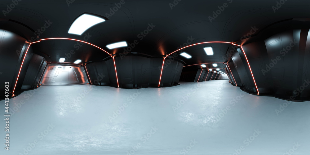High resolution hdr hdri panoramic view of futuristic spaceship interior 3d render illustration - obrazy, fototapety, plakaty 