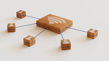 Wireless Technology Concept With Wifi Symbol On A Wooden Block. User Network Connections Are Represented With Blue String. White Background. 3D Render.