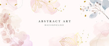 Abstract Art Background Vector. Luxury Minimal Style Wallpaper With Golden Line Art Flower And Botanical Leaves, Organic Shapes, Watercolor. Vector Background For Banner, Poster, Web And Packaging.