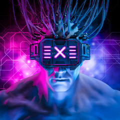 Wall Mural - hardwired cyberpunk man / 3d illustration of science fiction cyberpunk muscular male character weari