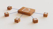 Word Document Technology Concept With Document Symbol On A Wooden Block. User Network Connections Are Represented With Blue String. White Background. 3D Render.