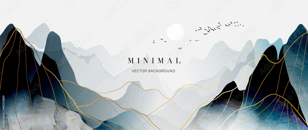 mountain and golden line arts background vector. Oriental Luxury landscape background design with watercolor brush and gold line texture. Wallpaper design, Wall art for home decor and prints. - obrazy, fototapety, plakaty 
