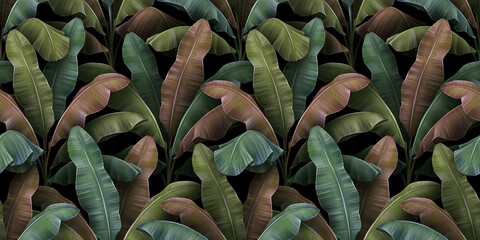 Banana trees plantation, colorful textured leaves. Vintage tropical 3d illustration, seamless pattern. Premium grunge background design. Luxury wallpapers, cloths, fabric prinring, posters, mural