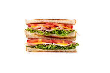 Sandwich with tomato,lettuce,ham and cheese isolated on white background.	