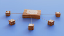 Text Technology Concept With Sms Symbol On A Wooden Block. User Network Connections Are Represented With White String. Blue Background. 3D Render.