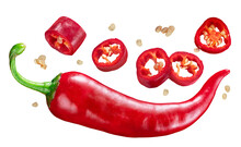 Fresh Red Chilli Pepper And Cross Sections Of Chilli Pepper With Seeds Floating In The Air.  White Background. File Contains Clipping Paths.
