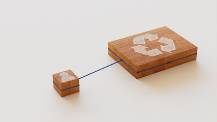Eco Technology Concept with recycle Symbol on a Wooden Block. User Network Connections are Represented with Blue string. White background. 3D Render.