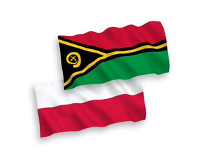 National vector fabric wave flags of Republic of Vanuatu and Poland isolated on white background. 1 to 2 proportion.