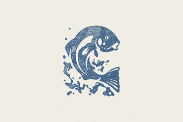 Fish jumping out from water silhouette for fishing club or seafood market hand drawn stamp effect vector illustration.