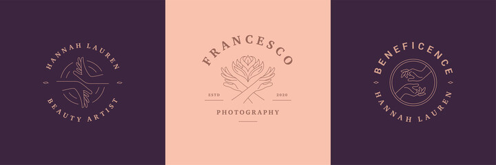 Wall Mural - feminine logos emblems design templates set with female hands gestures vector illustrations minimal 