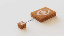 Vision Technology Concept With Eye Symbol On A Wooden Block. User Network Connections Are Represented With Blue String. White Background. 3D Render.