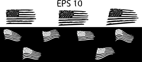 USA Flag set. Distressed American white flag on black background. flag of America, patriot, military flag, emblem, icon, logo, shirt print. Only commercial use