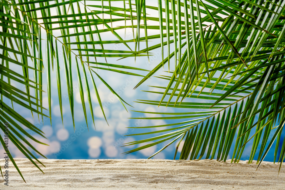Summer background of sand with green palms and sea landscape  - obrazy, fototapety, plakaty 