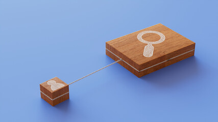 Search Technology Concept with Magnifier Symbol on a Wooden Block. User Network Connections are Represented with White string. Blue background. 3D Render.