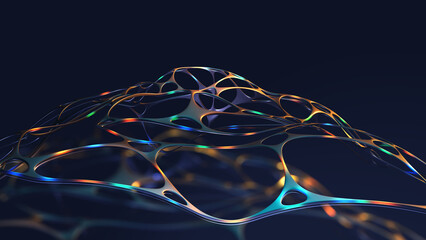 Poster - Data stream. Neural network, artificial intelligence and digital business. 3D illustration of electrical impulses in a network of neural connections. Creative innovation in business start-up