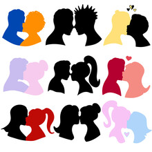 A Set Of Silhouettes Of Loving Couples Of Different Color Combinations And Sexual Orientation . Yellow, Pale Pink, Black On A White Background