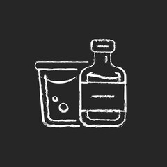 Sticker - Airplane alcohol chalk white icon on dark background. Mini bottled drinks from duty free. Portable amenities. Travel size min objects. Isolated vector chalkboard illustration on black