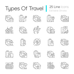 Types of travel linear icons set. No destination trip. Business and recreation journey. Tourism industry. Customizable thin line contour symbols. Isolated vector outline illustrations. Editable stroke