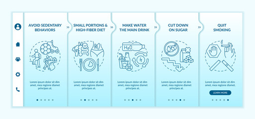 Wall Mural - Diabetes treatment tips onboarding vector template. Responsive mobile website with icons. Web page walkthrough 5 step screens. Small portions color concept with linear illustrations