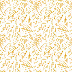 Wall Mural - Seamless pattern falling leaves. Vector autumn texture isolated on white background, hand drawn in sketch style, orange outline. Concept of forest, leaf fall, nature