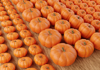 pumpkin patch on wood floor. pumpkins lying in even rows. three-dimensional pumpkin background. illu