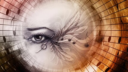 Aufkleber - drawing of female eye with note and feathers. Space note background.