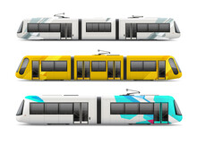 Set Of Passenger Tram Train, Streetcar - Vector Mockup Template. White Metro Train, Light Rail Train For Branding Identity And Advertising Design. City Electric Transport Mockup Isolated On Grey