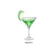 appletini glass cocktail in an elegant cup isolated on white background. continuous line drawing doodle minimalist design.