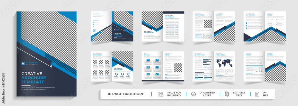 Corporate modern bi fold brochure template and company profile with blue and black creative shapes annual report design ,Multipurpose editable template - obrazy, fototapety, plakaty 