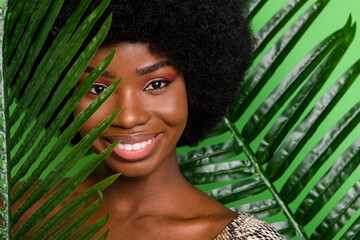 Wall Mural - Photo of adorable shiny dark skin woman dressed snake top smiling palm leaves cover close eye isolated green color background